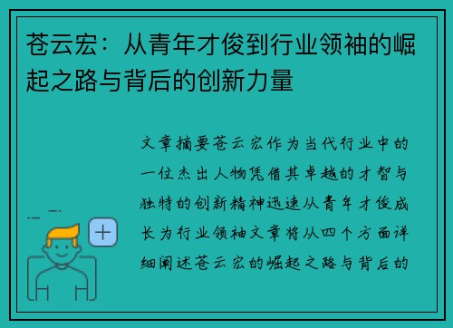 苍云宏：从青年才俊到行业领袖的崛起之路与背后的创新力量